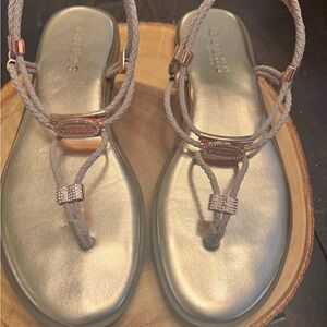 GUESS Silver Braided Thong Sandals with Rose Gold Accents